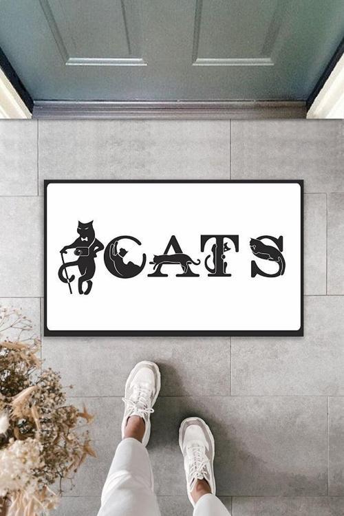 Dijital Baskı Beyaz Kedilerle Bezenmiş Cats Yazılı Dekoratif Kapı Paspası K-2028