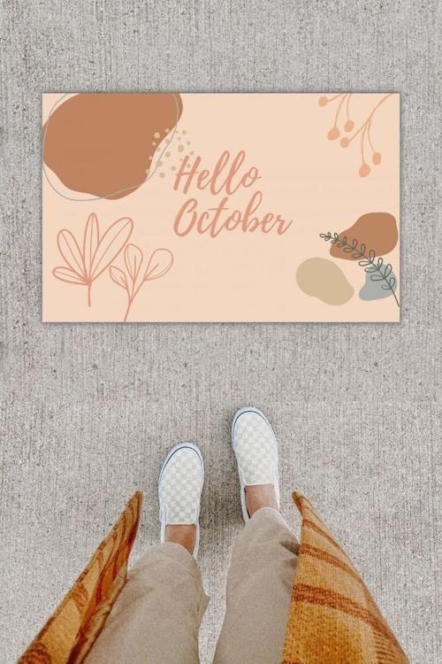 Dijital Baskı Dekoratif Hello October Pudra Kapı Önü Paspası K-1224