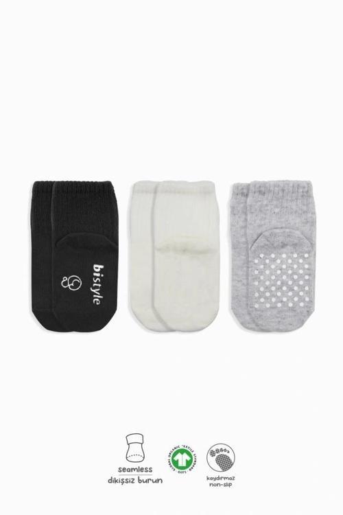 Nessiworld Bistyle Basic Kaymaz Penye Soket Çorap 3'Lü BS10106 Siyah Ekru Gri