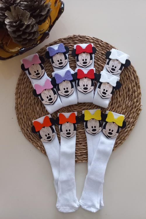 Kız Bebek Beyaz Mickey Minnie Mouse Keçe Figürlü Dizaltı Çorap Set