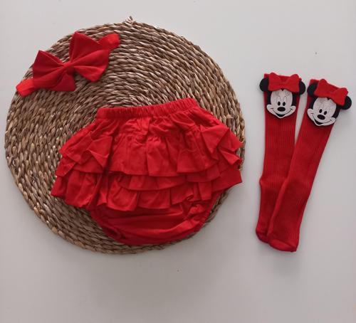 Kız Bebek Kırmızı Fırfırşort Etek Minnie Mouse Çoraplı Takım