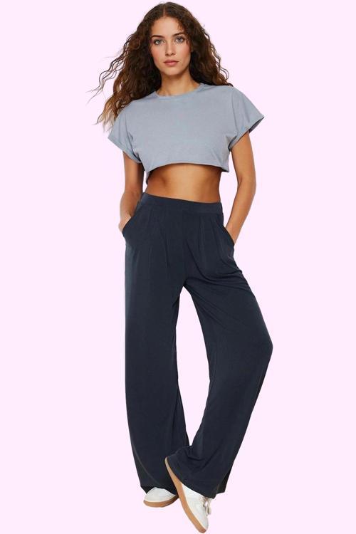 Kadın Geniş Paça Örme Pantolon Yüksek Bel Düz Desen Rahat Günlük Yaz Aylarının Vazgeçilmezi