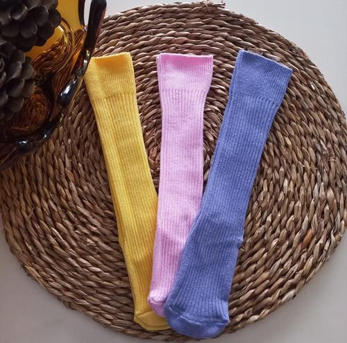 Kız Bebek Sarı Pembe Lila 3lü Düz Dizaltı Çorap