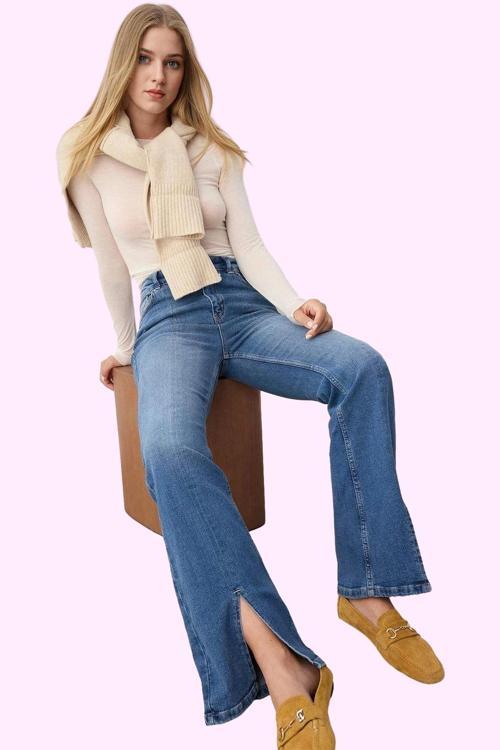 Kadın Yüksek Bel Flare Jean Rengi Comfort Dokuma Günlük Stil Hafta Sonu Yaz Aylarının Vazgeçilmezi
