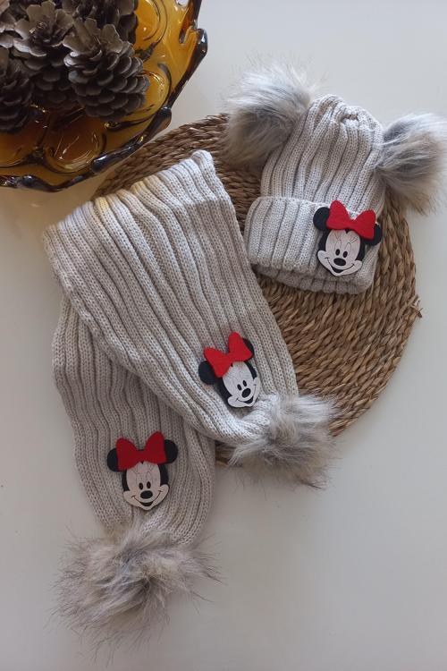 Kız Erkek Unisex Bebek Çocuk Bej Kırmızı Mickey Minnie Ponponlu Atkı Bere Takımı
