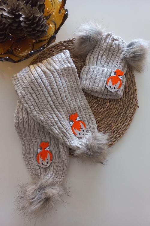 Kız Erkek Unisex Bebek Çocuk Bej Turuncu Çakıl Figürlü Ponponlu Atkı Bere Takımı
