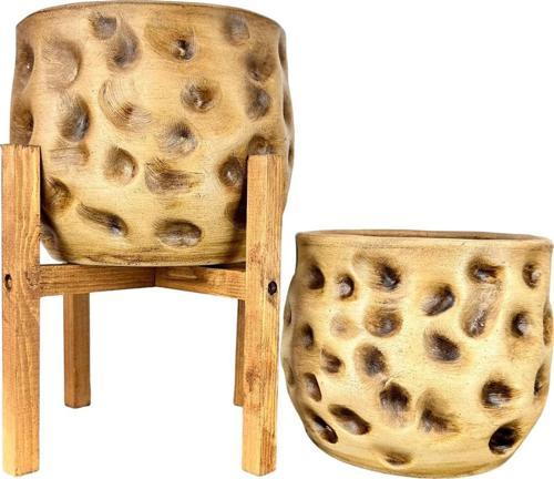 Ev Dekorasyon Aksesuar Naturel Desenli Toprak Saksı Saksılık Salon Çiçeklik İkili Set 4 Ayaklı - Ayaksız