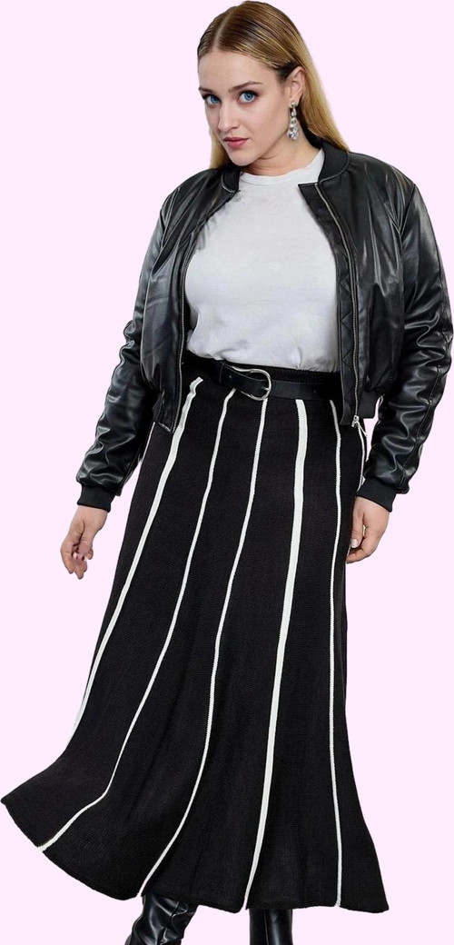 Kadın Çizgili Midi Triko Etek Normal Bel Kloş Günlük Stil Hafta Sonu Yaz Aylarının Vazgeçilmezi