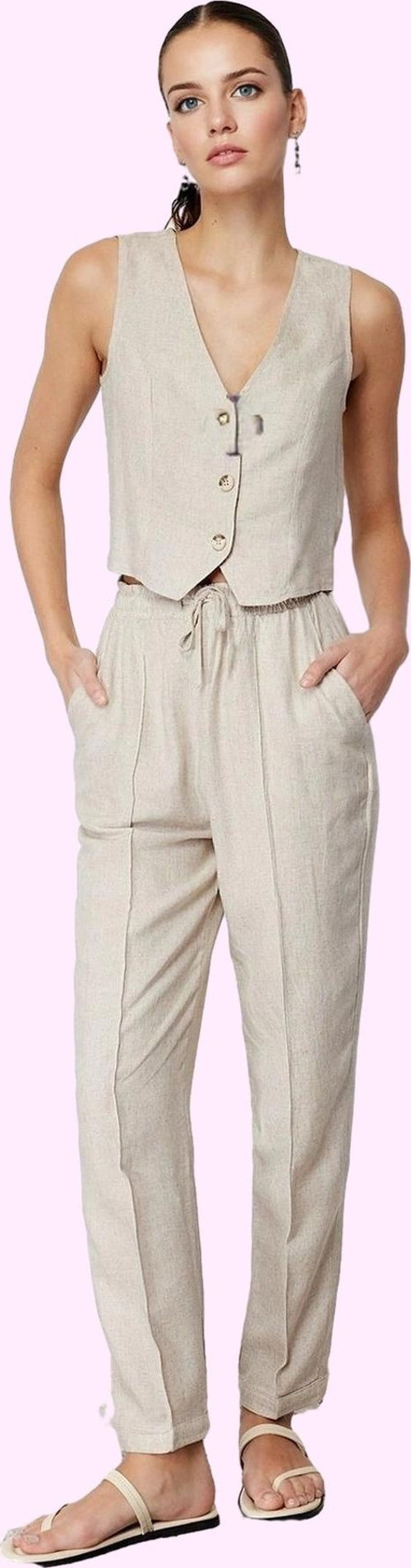 Kadın Yüksek Bel Straight Düz Kesim Keten Karışımlı Pantolon Yazlık Rahat Günlük Hafta Sonu