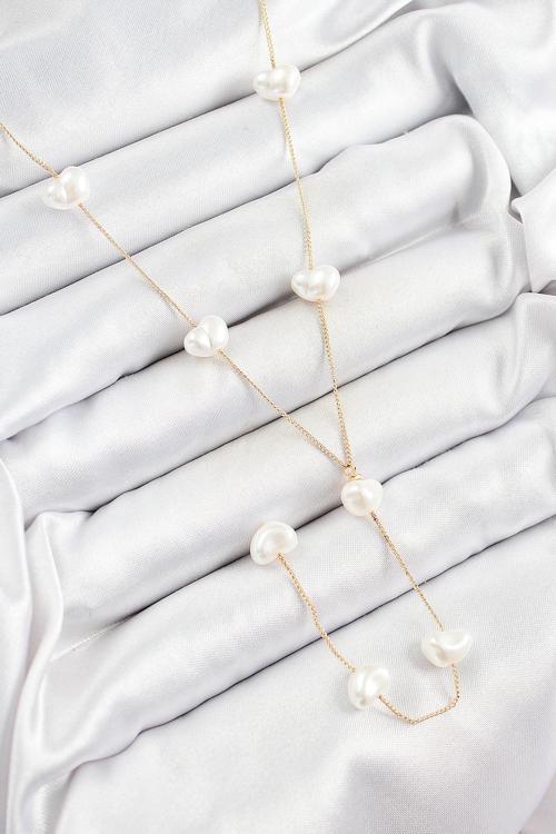 316L Çelik İncili Kalp Figürlü Y Model Gold Renk Kadın Kolye SL12583