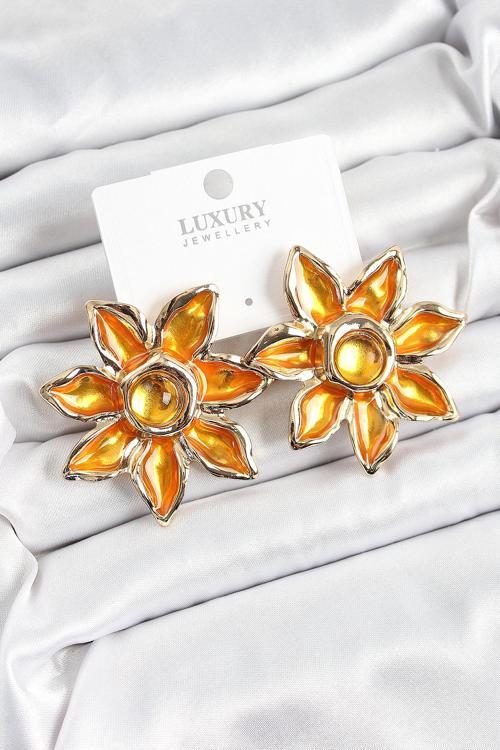 Pirinç Mineli Alevli Çiçek Model Gold Renk Kadın Küpe SL12428