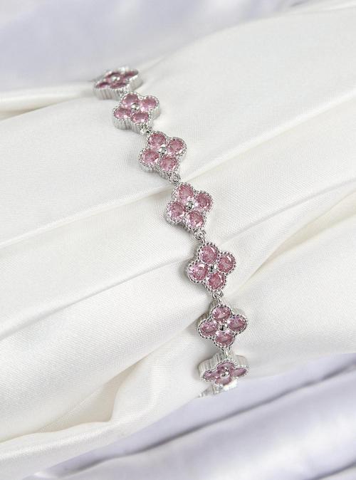 Pirinç Pembe Zirkon Taşlı Yonca Model Gümüş Renk VIP Seri Kadın Bileklik