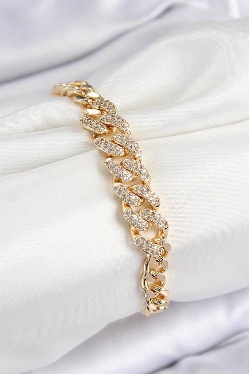 Pirinç Zirkon Taşlı Küba Zincir Model Gold Renk Kadın Bileklik