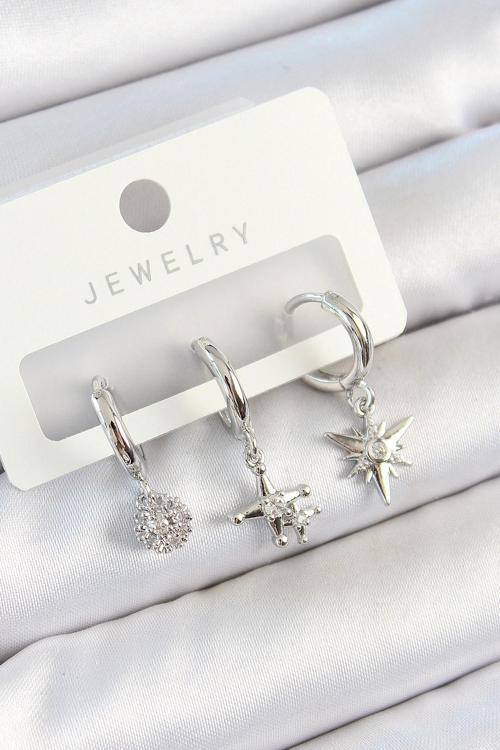 Pirinç Zirkon Taşlı Kutup Yıldızı Model Gümüş Renk 3'lü Çift Kadın Küpe Set