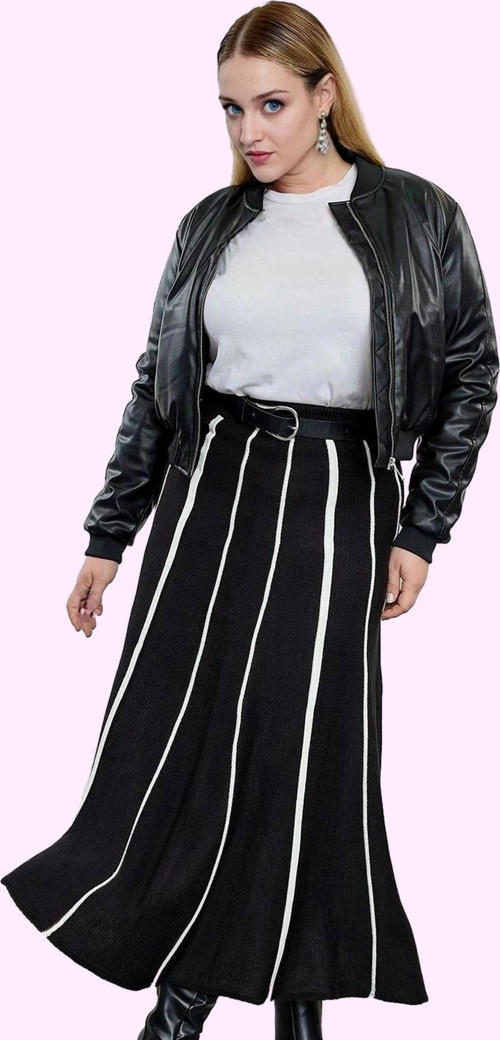 Kadın Çizgili Midi Triko Etek Normal Bel Kloş Günlük Stil Hafta Sonu Yaz Aylarının Vazgeçilmezi