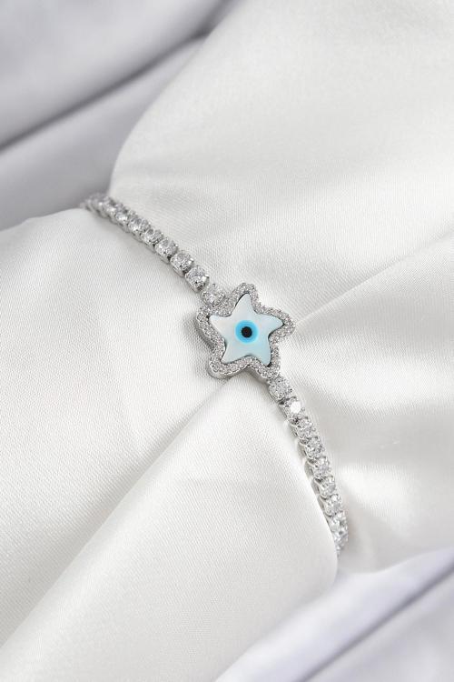 Pirinç Zirkon Taşlı Nazar Yıldız Model Gümüş Renk Asansörlü Kadın Bileklik