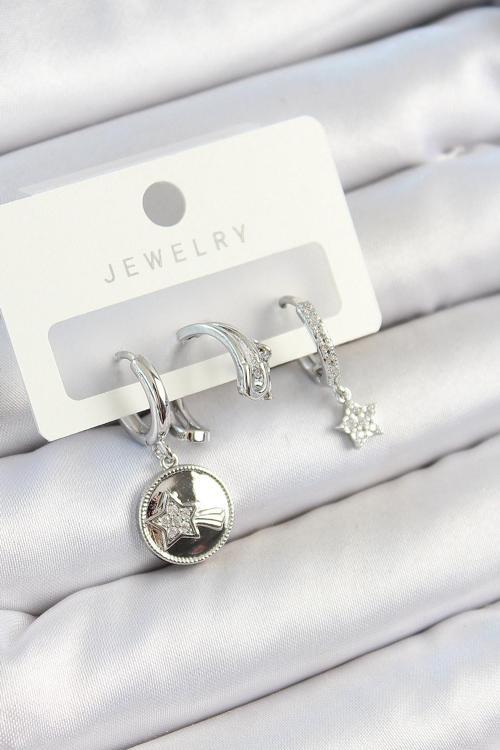 Pirinç Zirkon Taşlı Sallantılı Yıldız Model Gümüş Renk 3'lü Çift Kadın Küpe Set