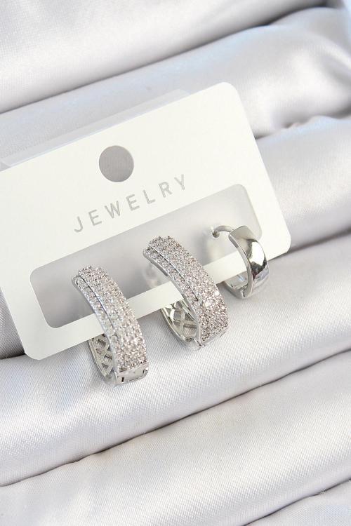 Pirinç Zirkon Taşlı Damla Model Gümüş Renk 3'lü Çift Kadın Küpe Set