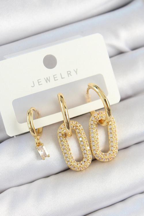 Pirinç Zirkon Taşlı Dikdörtgen Model Gold Renk 3'lü Çift Kadın Küpe Set