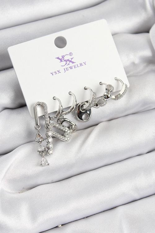 Pirinç Zİrkon Taşlı Dikdörtgen Model Gümüş Renk 3'lü Çift Kadın Küpe