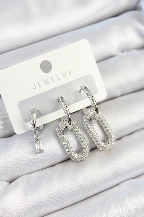 Pirinç Zirkon Taşlı Dikdörtgen Model Gümüş Renk 3'lü Çift Kadın Küpe Set