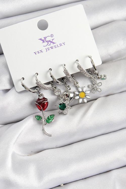 Pirinç Zİrkon Taşlı Gül Ve Papatya Model Gümüş Renk 3'lü Çift Kadın Küpe