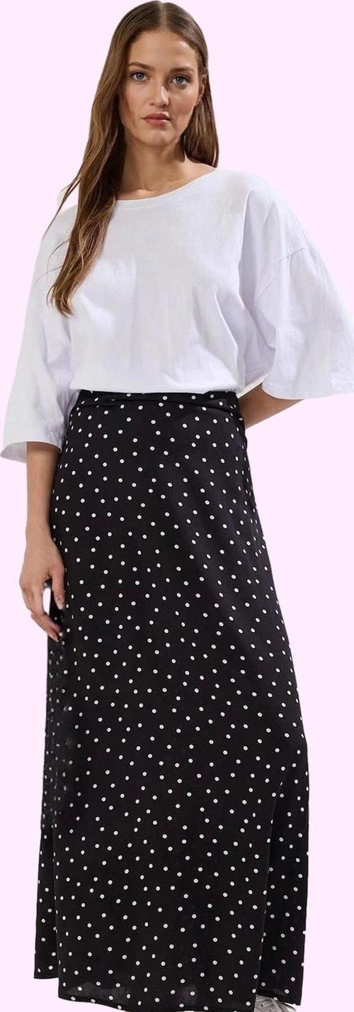 Kadın Maxi Boy Puantiyeli Desenli Dokuma Etek Yüksek Bel A line Kesim Yazlık Günlük Kullanım