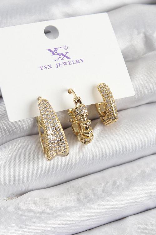 Pirinç Zİrkon Taşlı Halka Model Gold Renk 3'lü Kadın Küpe