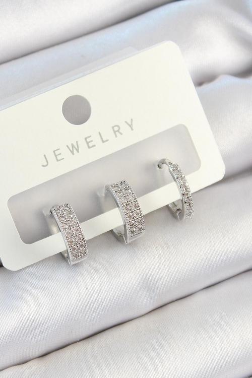 Pirinç Zirkon Taşlı Halka Model Gümüş Renk 3'lü Çift Kadın Küpe Set