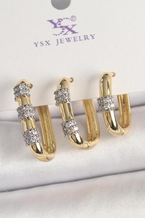 Zarif Kadın için Golden Pirinç Üçlü Halka Silver Zirkonlu Kombin Küpe