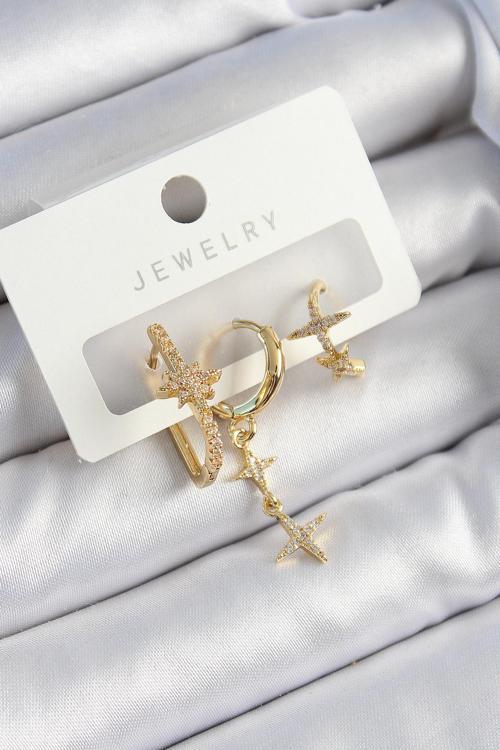 Pirinç Zirkon Taşlı Yıldız Model Gold Renk 3'lü Çift Kadın Küpe Set