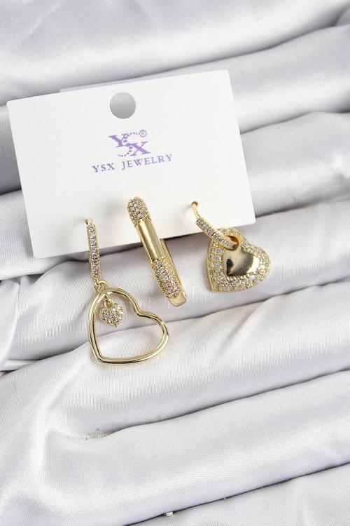 Pirinç Zİrkon Taşlı Kalp Model Gold Renk 3'lü Kadın Küpe