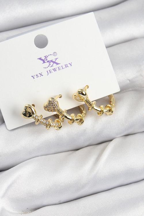 Pirinç Zİrkon Taşlı Kalp Model Gold Renk 3'lü Kadın Küpe