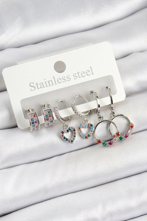 Pirinç Zirkon Taşlı Kalp Ve Halka Model Gold Renk 6'lı Set Kadın Küpe SL12438