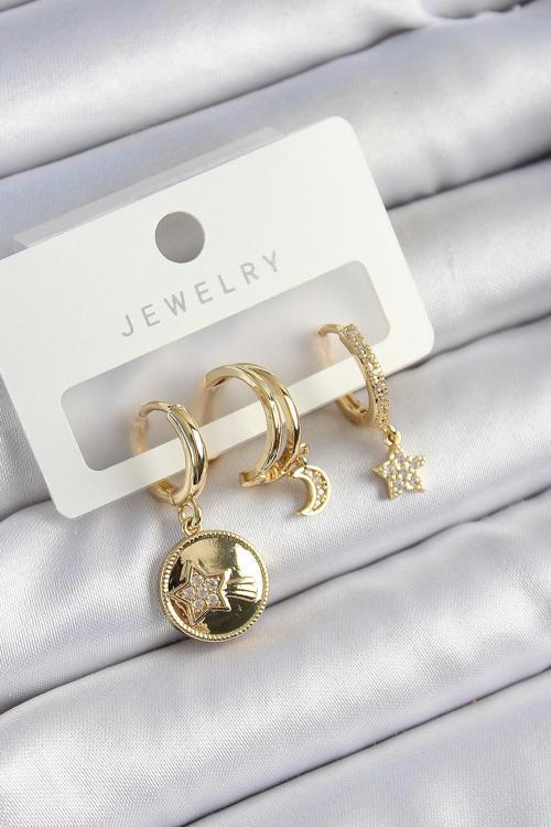Pirinç Zirkon Taşlı Yıldız Ve Ay Model Gold Renk 3'lü Çift Kadın Küpe Set