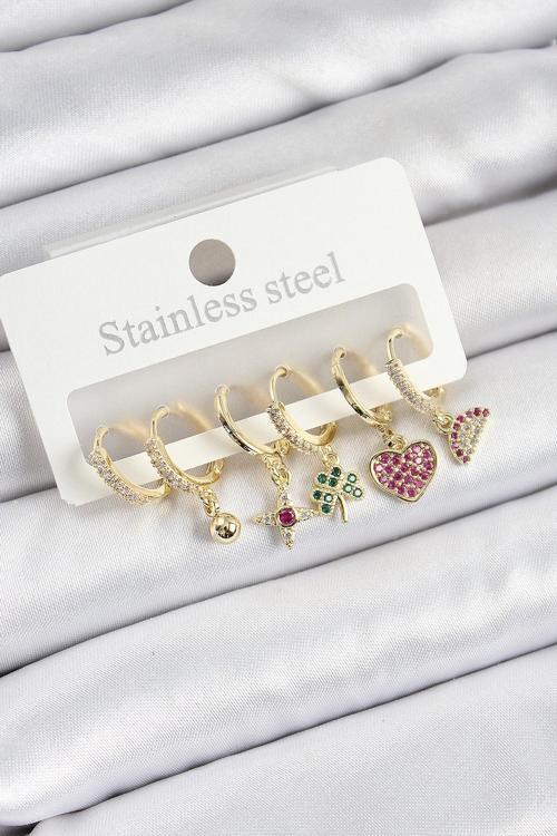 Pirinç Zirkon Taşlı Karpuz Yonca Kalp Pusula Karışık Model Gold Renk 6'lı Set Kadın Küpe SL12440