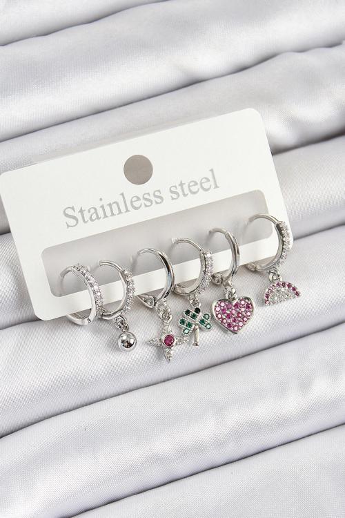 Pirinç Zirkon Taşlı Karpuz Yonca Kalp Pusula Karışık Model Gümüş Renk 6'lı Set Kadın Küpe SL12437