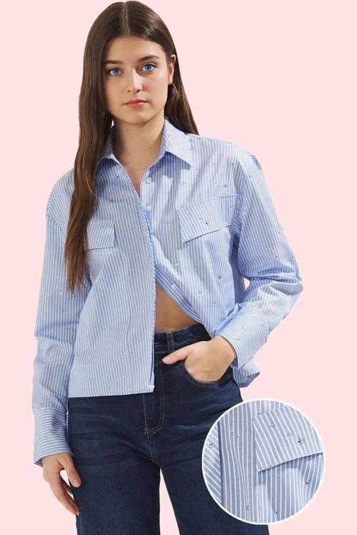 Kadın Çizgili Oversize Gömlek; Taş Detaylı Cepler; Regular Boy; Rahat Günlük Stiller Hafta Sonu
