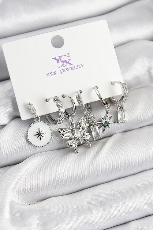 Pirinç Zİrkon Taşlı Kelebek ve Yıldız Model Gümüş Renk 3'lü Çift Kadın Küpe