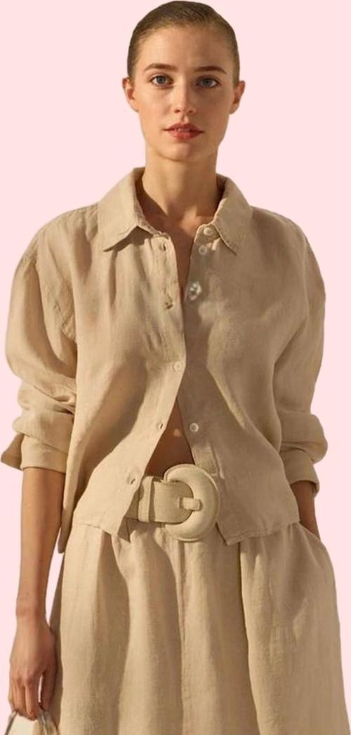 Kadın Keten Uzun Kollu Gömlek; Oversize Kalıp; Yazlık Günlük Hafta Sonu Yaz Aylarının Vazgeçilmezi