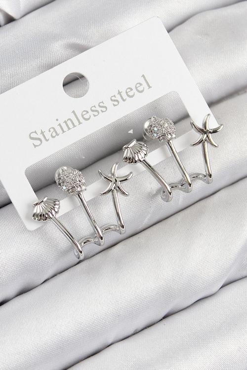 Zarif Kadın için Silver Pirinç Zirkonlu Deniz Yıldızı İstiridye Küpe