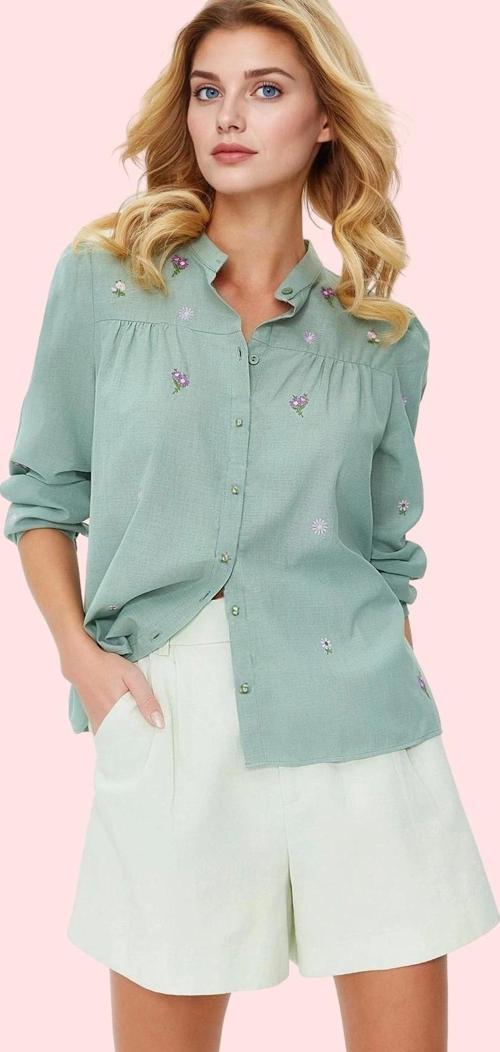 Kadın Pamuklu Flamlı Dokuma Gömlek Dik Yaka Günlük Casual Stil Hafta Sonu Kaliteli Malzeme