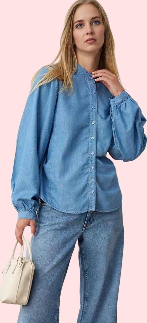 Kadın Kısa Kollu Denim Gömlek Oversize Balon Kol Günlük Stil Hafta Sonu Yaz Aylarının Vazgeçilmezi