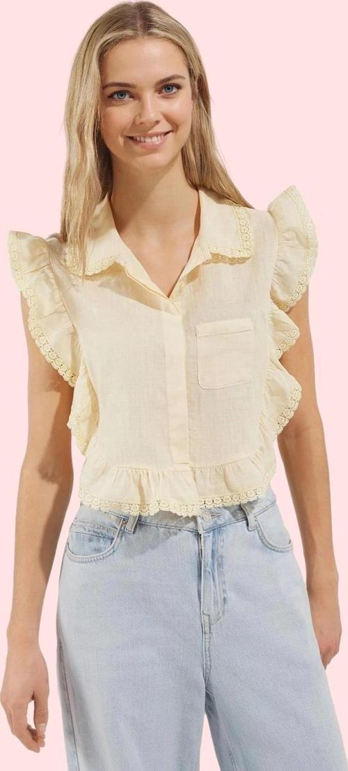 Kadın Pamuk Düz Desenli Kolsuz Crop Bluz Gömlek Yaka Flamlı Yazlık İş Gömleği Günlük Kullanım