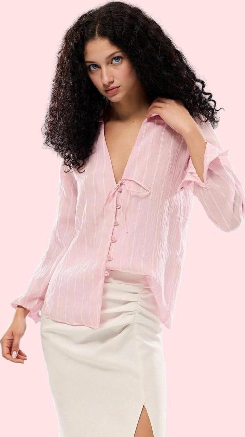 Kadın Basic Gömlek Yaka Çizgili Uzun Kollu Lilyum Dokuma Bluz Günlük Yaz Aylarının Vazgeçilmezi