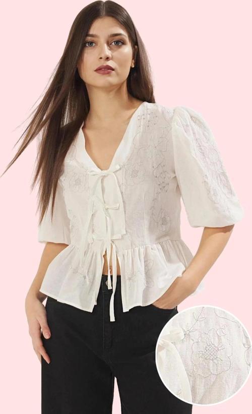 Kadın Pamuk Dokuma Gömlek V Yaka Çiçek Desenli Basic Kalıp Yazlık Yaz Aylarının Vazgeçilmezi