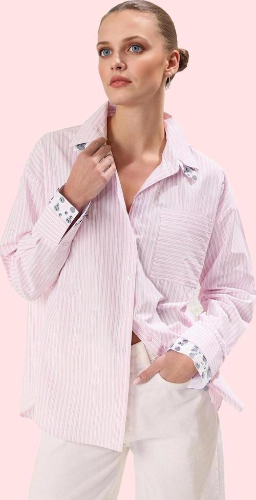 Kadın Pamuklu Çizgili Oversize Gömlek; Rahat Kesim Uzun Kollu Günlük Stil Kaliteli Malzeme
