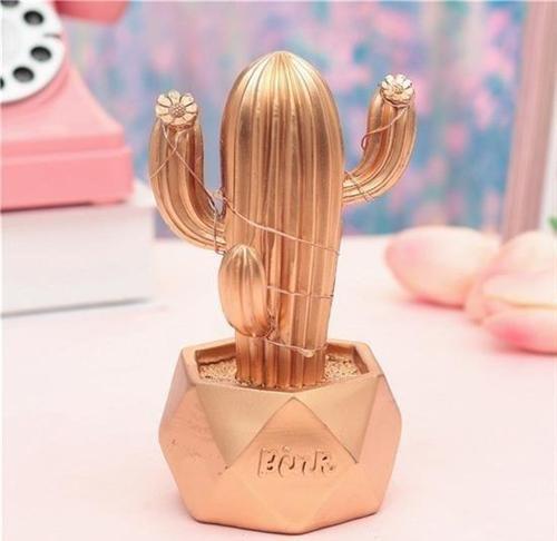 Led Işıklı Sevimli Kaktüs Dekoratif Masa Lambası Mini Biblo Gece Lambası-GOLD