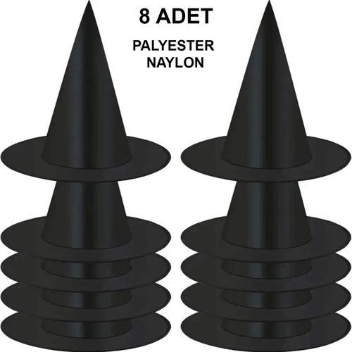 8 Adet Siyah Cadı Şapkası – Yetişkin & Çocuk Kostüm Aksesuarı