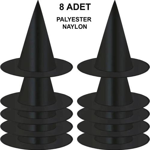 8 Adet Siyah Cadı Şapkası – Yetişkin & Çocuk Kostüm Aksesuarı